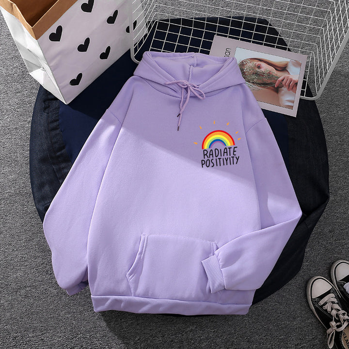 Damen lockerer Kapuzenpullover mit Regenbogen-Motiv, weichem Fleecefutter und Kängurutasche – Auréline