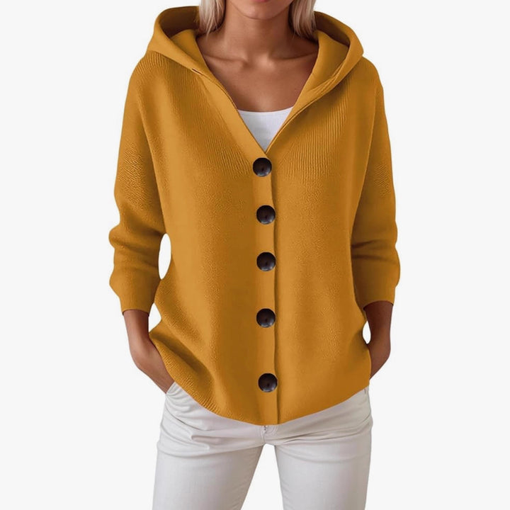 Damen Kapuzen-Strickjacke mit großen Holzknöpfen und seitlichen Eingrifftaschen – Veloura