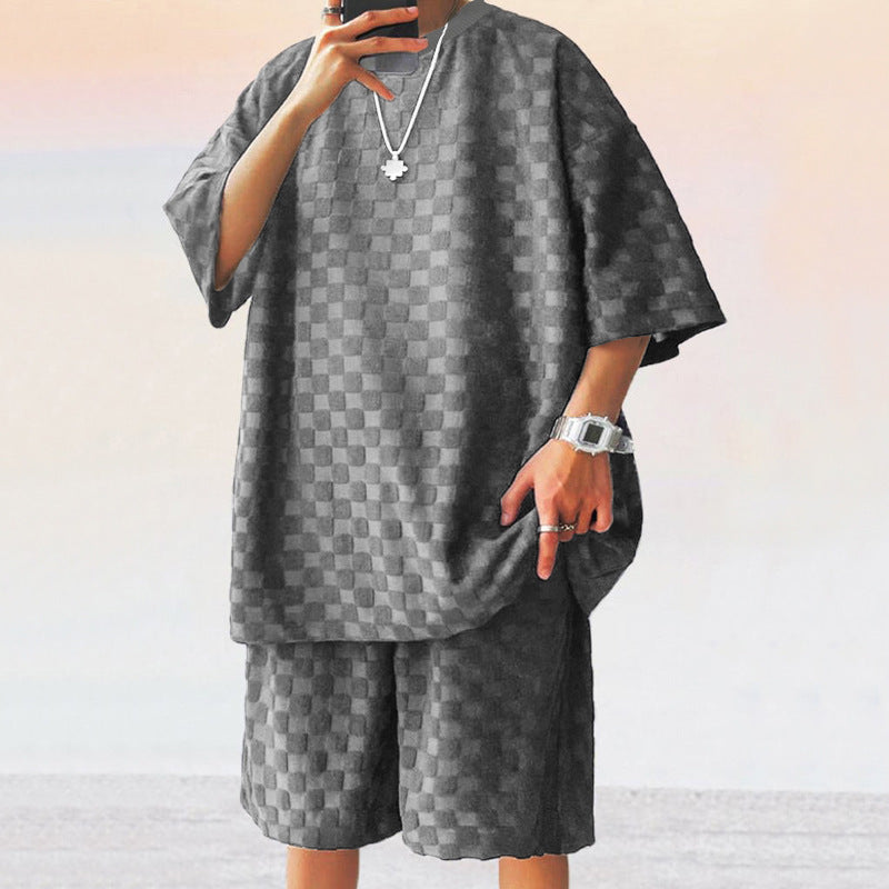 Unisex nan übergroßes Freizeit-Set aus strukturierter Waffelqualität mit Rundhalsausschnitt und locker sitzender Bermudashorts Echo Archiv