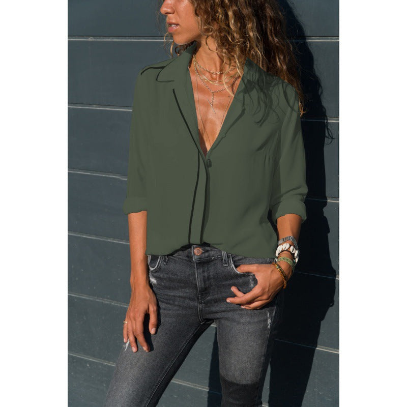 Damen Elegante Bluse mit Kontrastpaspel, V‑Ausschnitt und krempelbaren Ärmeln – Élovi