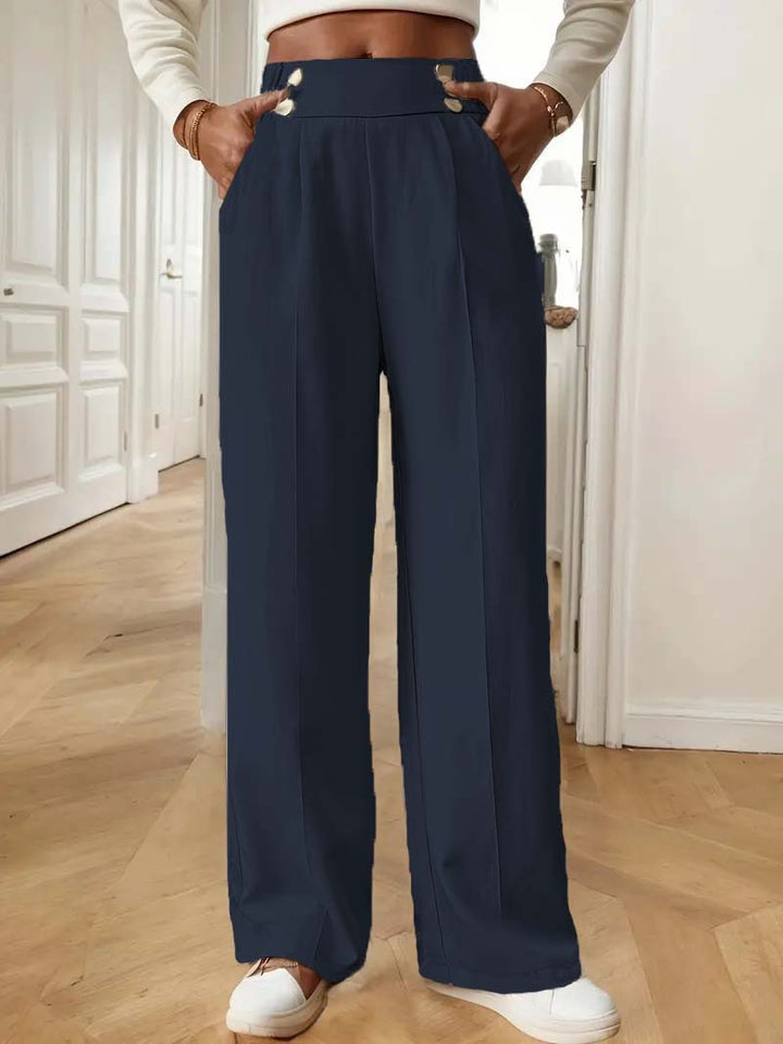 Damen Hochtaillierte Weite Palazzo‑Hose mit Bundknöpfen, Bügelfalte und Eingrifftaschen Echoarchiv