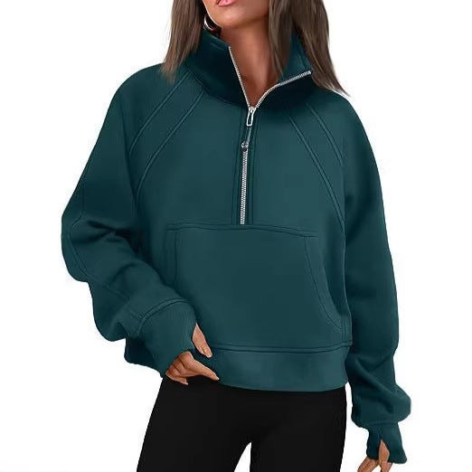 Damen nan weit geschnittenes Kurzpullover mit Stehkragen, halbem Reißverschluss und Kängurutasche Echo Archiv
