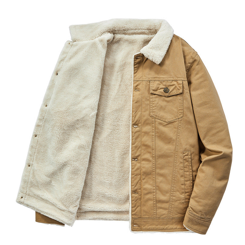 Herren Canvas-Truckerjacke mit durchgehendem Teddyfutter und Umlegekragen – Taviero