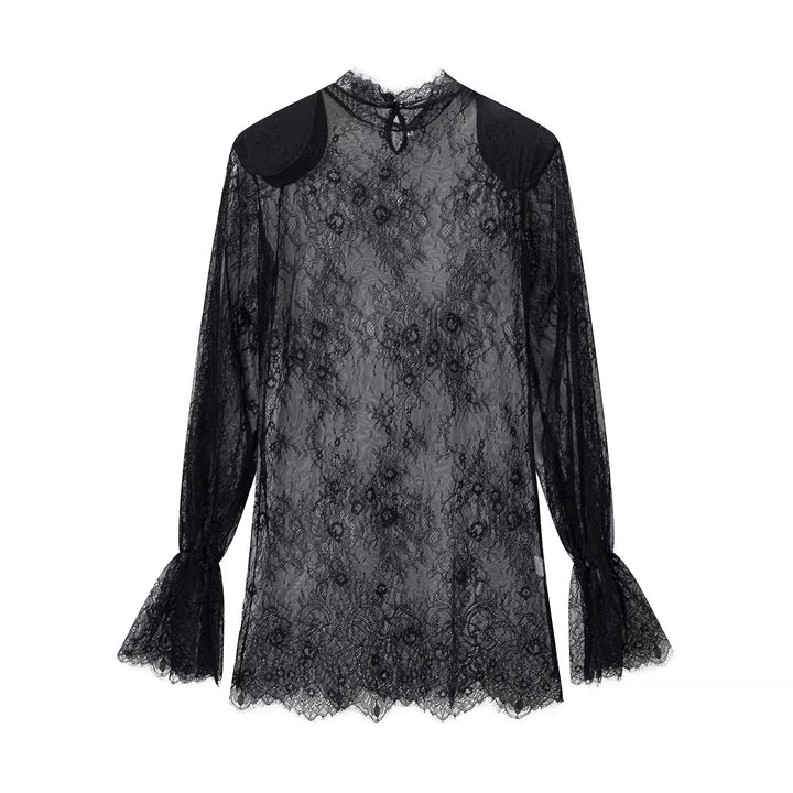 Damen transparente Spitzenbluse mit Stehkragen, Trompetenärmeln und Spitzensaum Echo Archiv