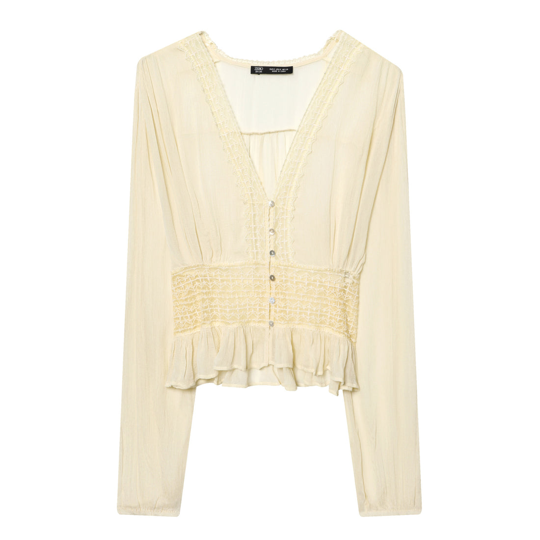 Damen leichte V-Neck Bluse mit Smok-Taillenband, Perlmuttknopfleiste und Volant-Saum – Élovi