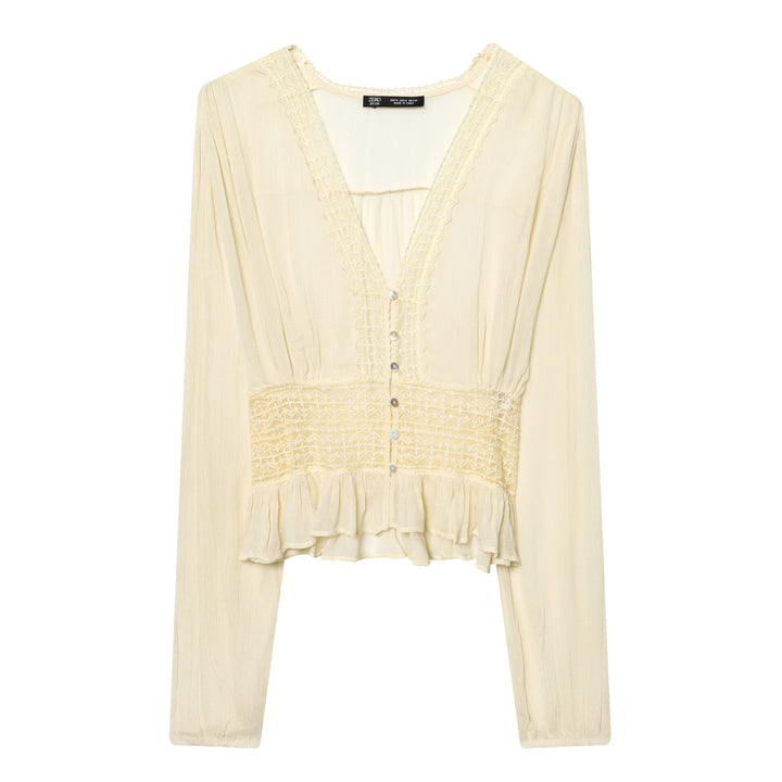 Damen leichte V-Neck Bluse mit Smok-Taillenband, Perlmuttknopfleiste und Volant-Saum – Élovi
