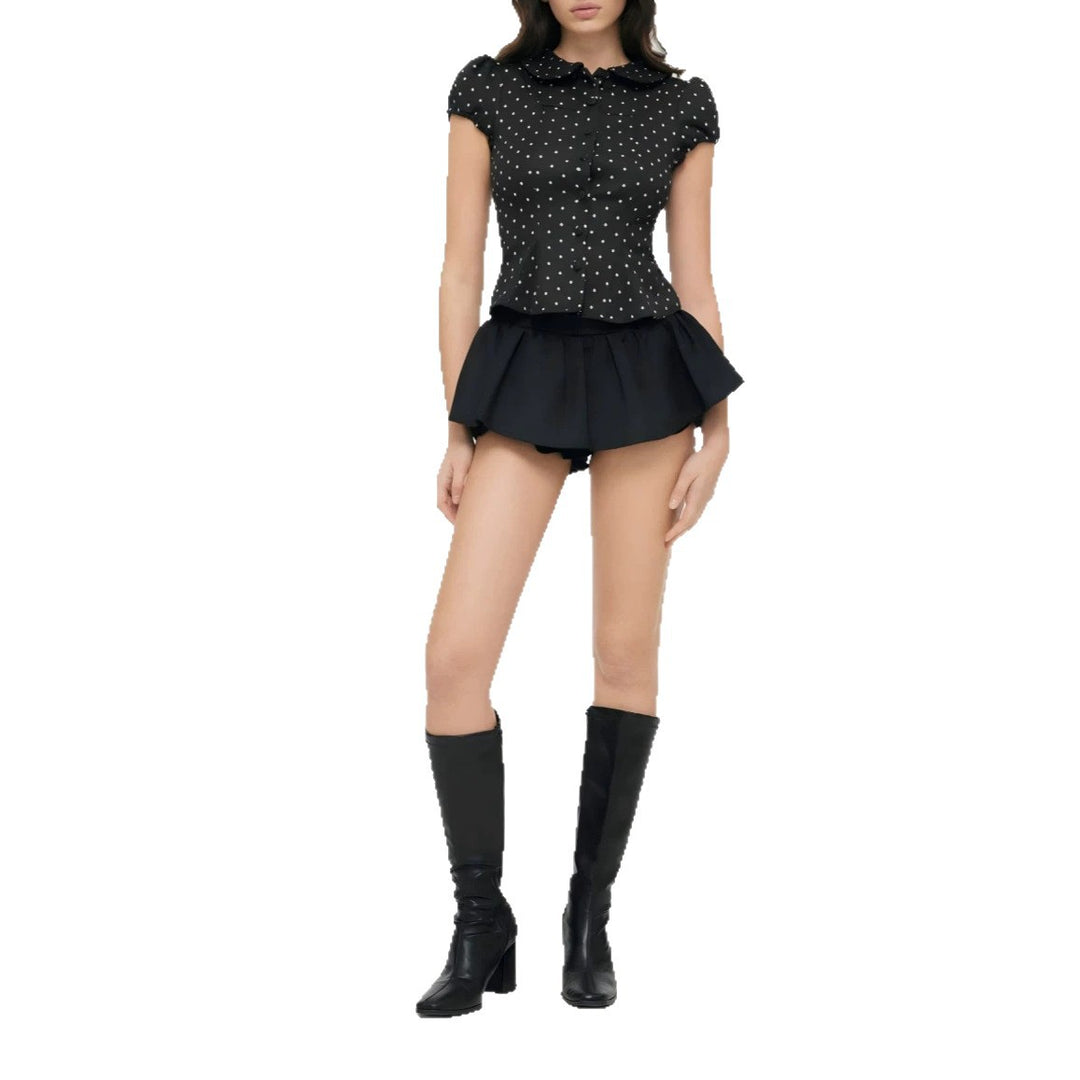 Damen Karo-Bluse mit Bubikragen, Taillierter Peplum-Silhouette und Puffärmeln – Élovi
