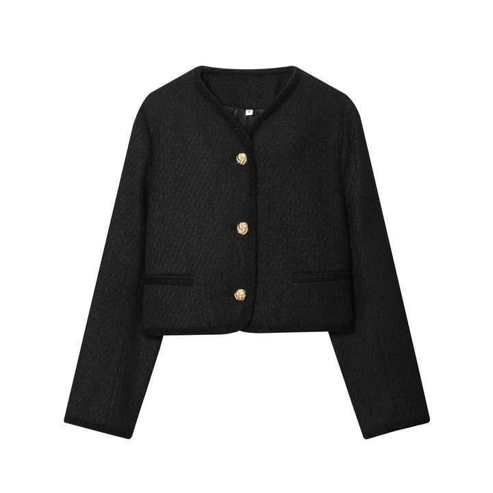 Damen kurz geschnittene Bouclé-Jacke mit geflochtenem Rand und goldenen Zierknöpfen – Célinea
