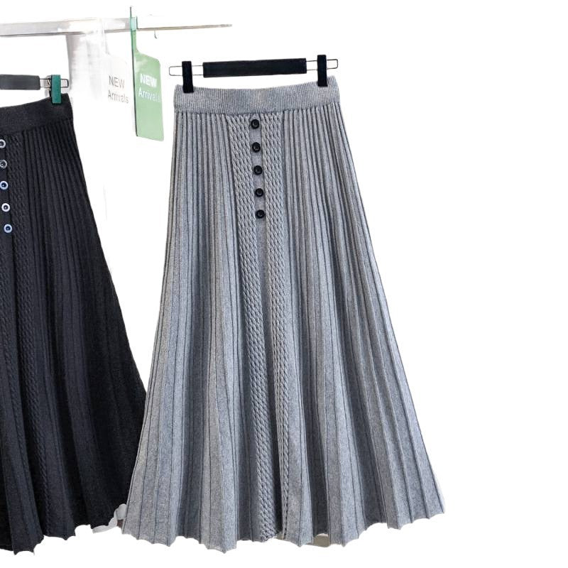 Damen Plissierter Maxirock mit Knopfdetails und feinem Wellenmuster – Valéora