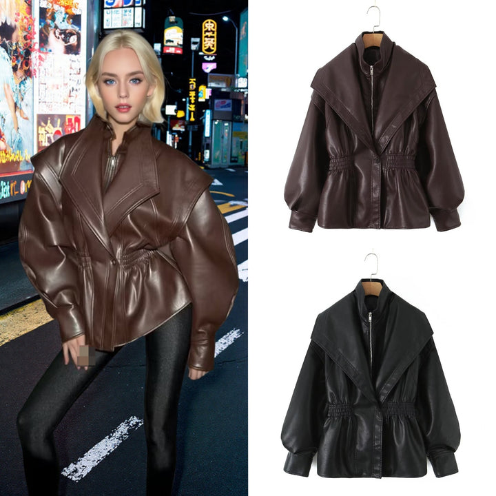 Damen Kunstlederjacke mit XXL-Schalkragen, Taillengummierung und Ballonärmeln Echo Archiv