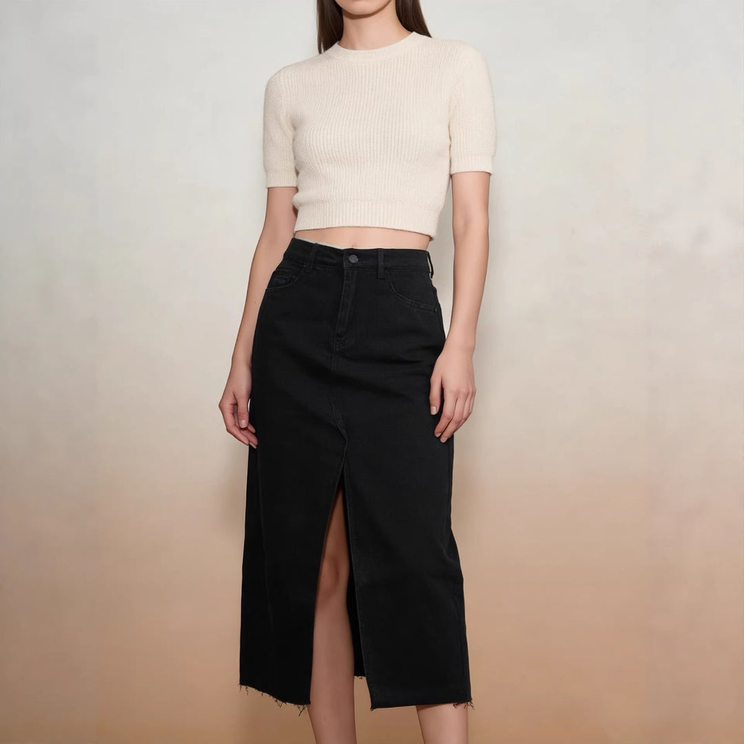 Damen Midi-Denim-Rock mit hohem Schlitz und fransigem Saum Echo Archiv