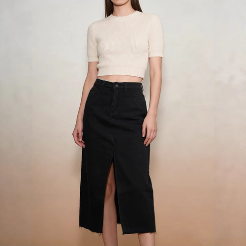 Damen Midi-Denim-Rock mit hohem Schlitz und fransigem Saum Echo Archiv