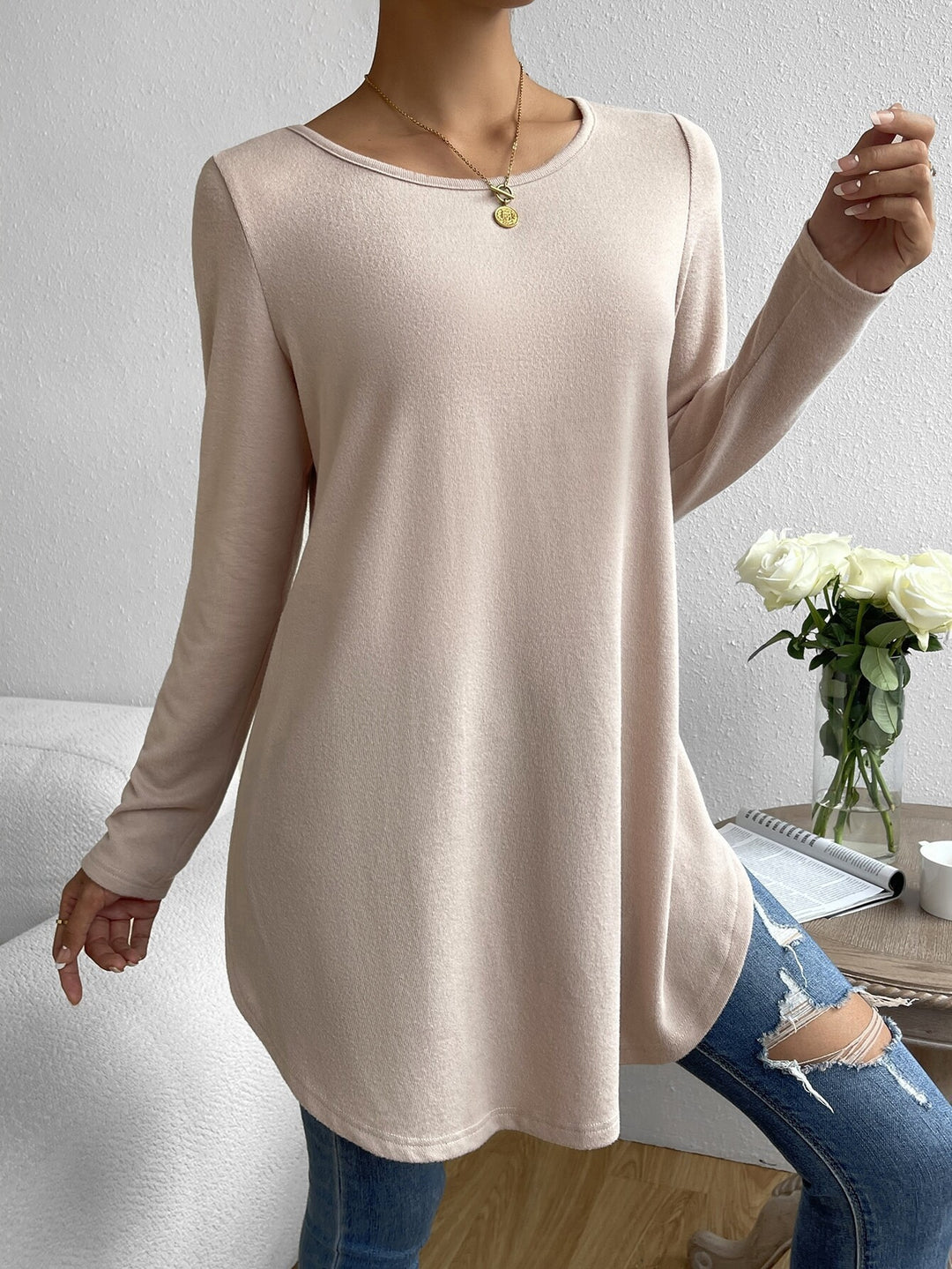 Damen Oversize Longline Feinstrick-Tunika mit Rundhalsausschnitt Echoarchiv