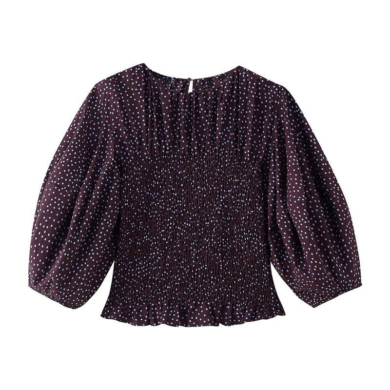 Damen gerafftes Polka‑Dot Oberteil mit elastischem Smock‑Korpus, Ballonärmeln und Volantsaum Echo Archiv