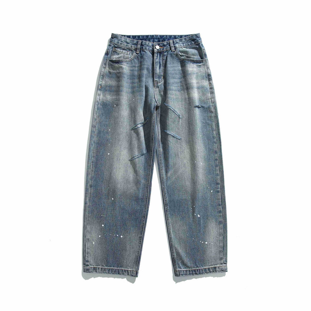 Damen Hochtaillierte lockere Jeans mit Used‑Effekt und Farb‑Splatter Echoarchiv