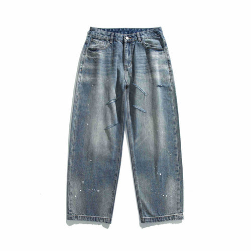 Damen Hochtaillierte lockere Jeans mit Used‑Effekt und Farb‑Splatter Echoarchiv