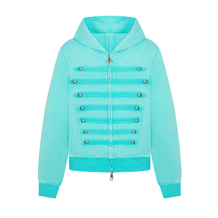 Damen Kapuzen-Sweatjacke im Military-Style mit Zierkordeln und Metallknöpfen Echoarchiv