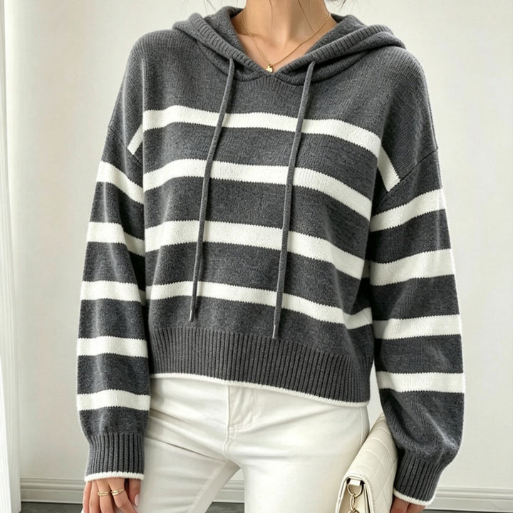 Damen Kapuzen-Strickpullover im Maritim-Look mit geripptem Saum und relaxed Fit – Auréline