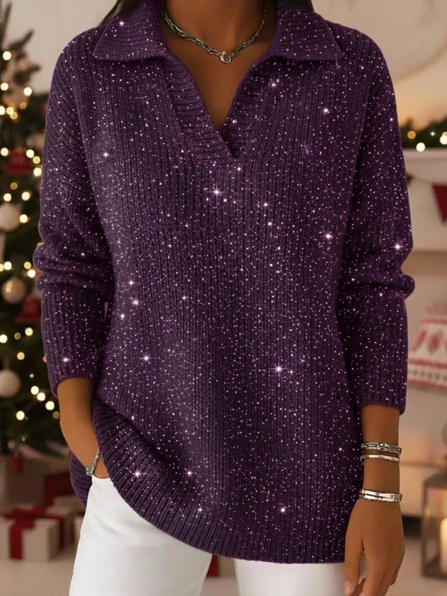 Damen Eleganter V-Pullover mit glänzenden Akzenten – Mavelle