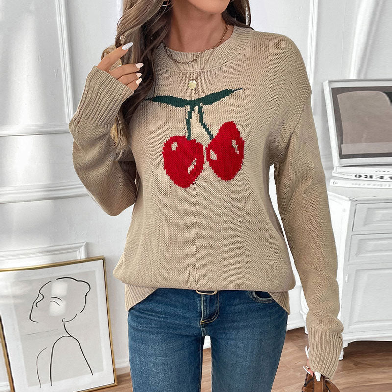 Damen Strickpullover mit Kirschen-Intarsie, Rundhalsausschnitt und legerem Oversize-Schnitt Echoarchiv