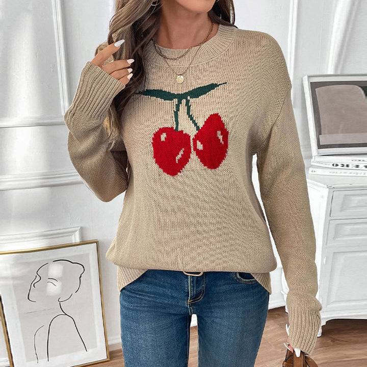 Damen Strickpullover mit Kirschen-Intarsie, Rundhalsausschnitt und legerem Oversize-Schnitt Echoarchiv