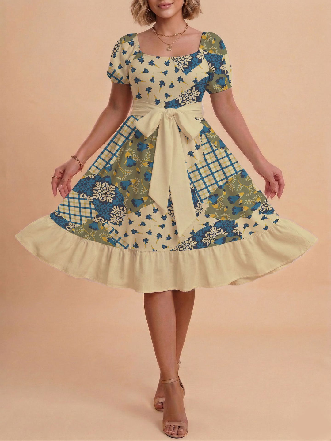 Damen Retro Maxikleid mit Puffärmeln und Taillengürtel Echo Archiv