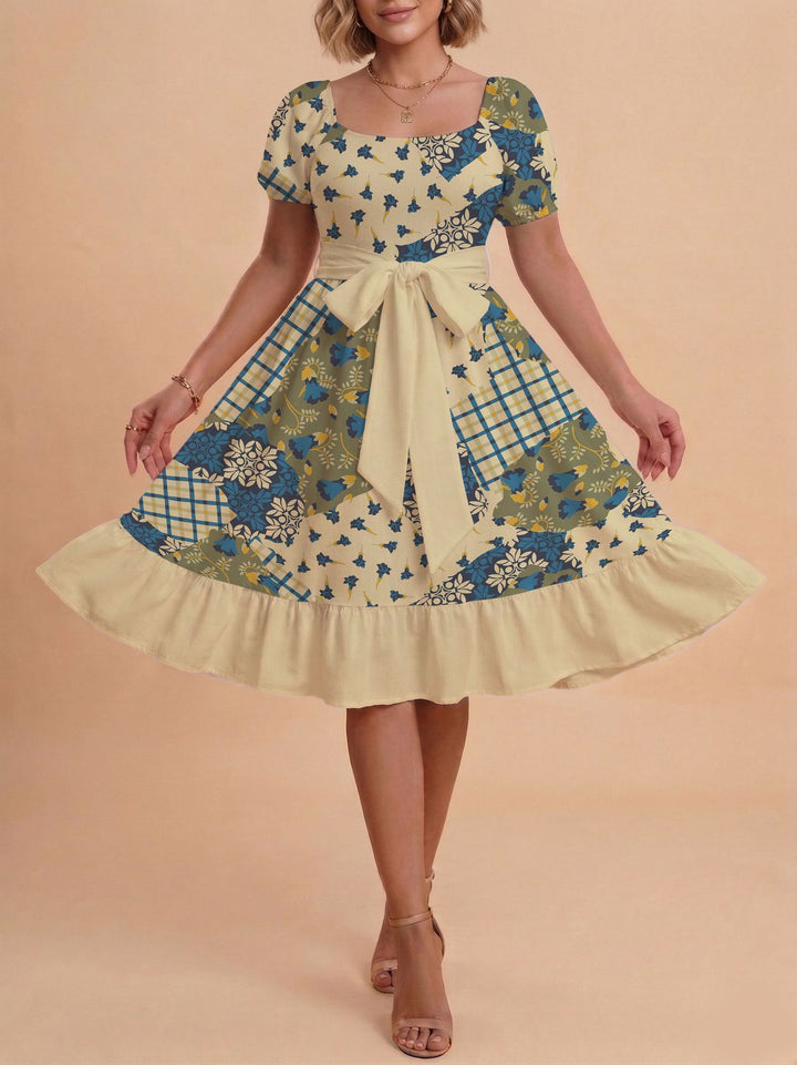 Damen Retro Maxikleid mit Puffärmeln und Taillengürtel Echo Archiv
