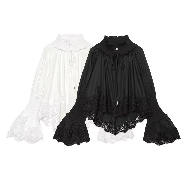 Damen Bluse mit hohem Rüschenkragen, geschmückten Manschetten und Spitzenbordüre Echo Archiv