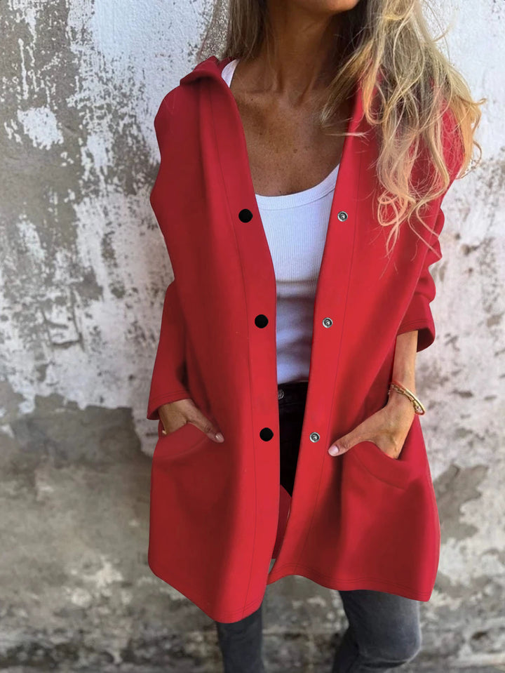 Damen Langer Kapuzen-Cardigan mit Druckknopfleiste, Eingrifftaschen und legerer Silhouette – Veloura