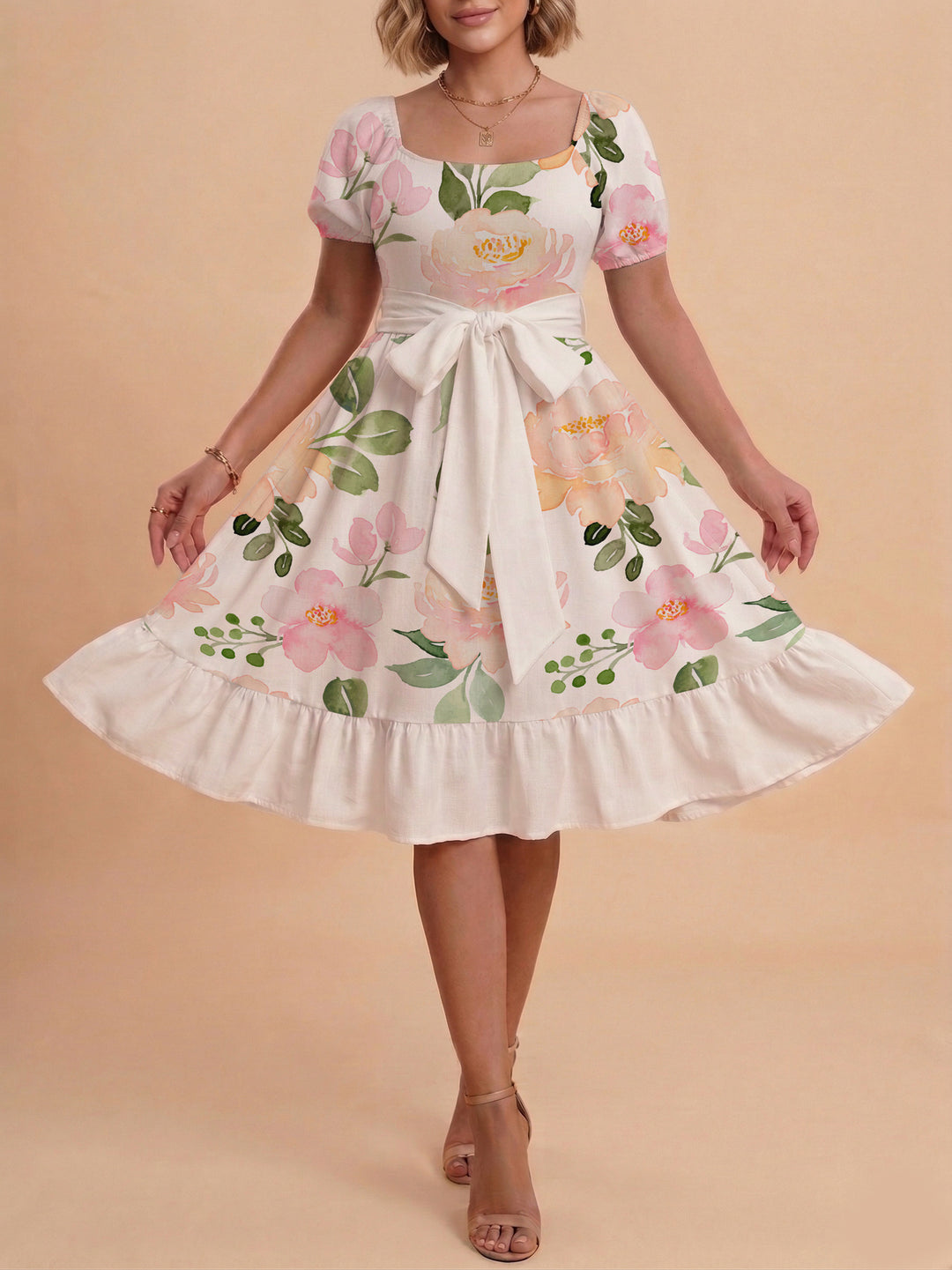 Damen A-Linien-Kleid mit floralen Motiven und taillierbarem Gürtel Echo Archiv