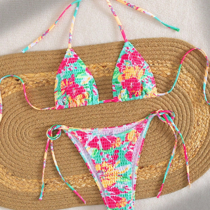 Damen Triangel-Bikini mit buntem Blumenmuster und verstellbarem Bindeband Echo Archiv
