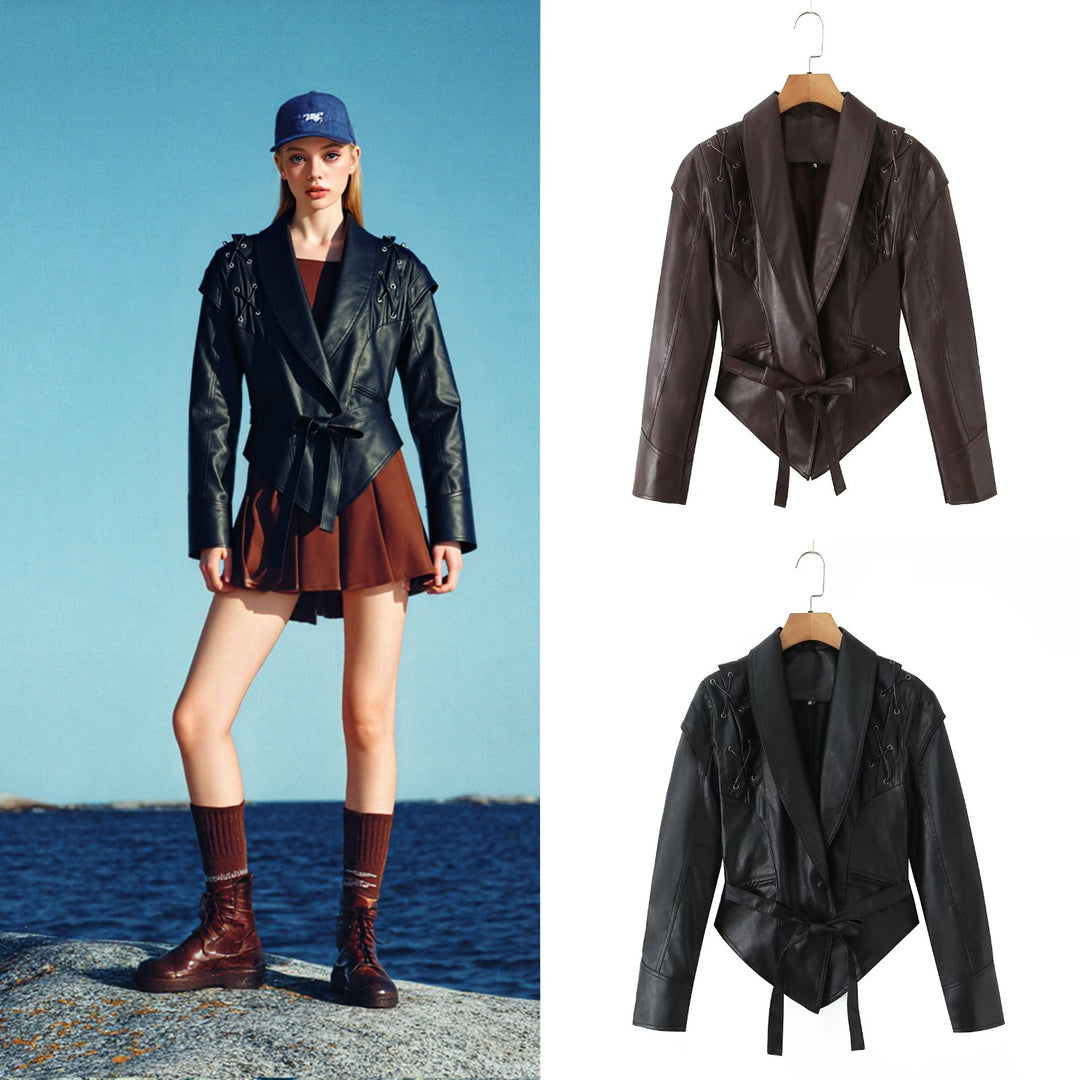Damen taillierter Kunstlederblazer mit Schnürdetails an den Schultern und Bindegürtel Echo Archiv