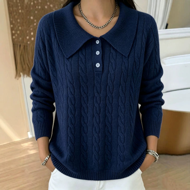 Damen Kabelstrick-Polo-Pullover mit großem Umlegekragen und lockerer Silhouette – Mavelle