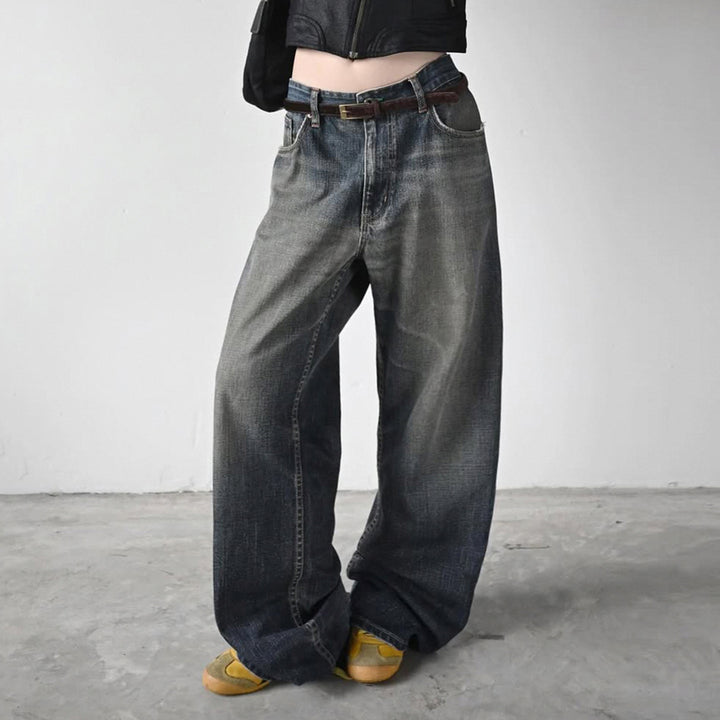 Damen High-Waist Jeans mit weitem Bein und stufenförmiger Waschung Echo Archiv