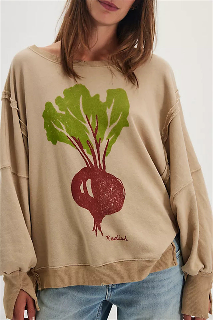 Damen oversized Sweatshirt mit Rüben-Print, ausgefransten Nahtakzenten und Daumenlochärmeln – Avérine