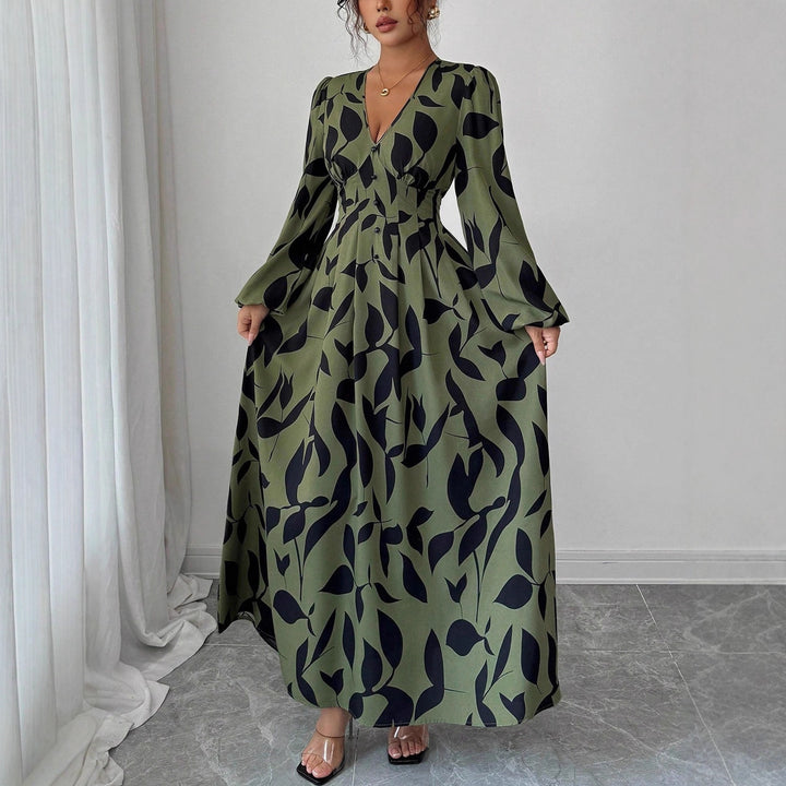 Damen Maxikleid mit taillierter Knopfleiste, V‑Ausschnitt und Ballonärmeln – Avérine