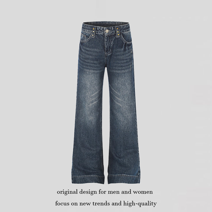 Damen Weite High‑Waist Denim Palazzo-Jeans mit weitem Bein und Vintage-Waschung Echoarchiv