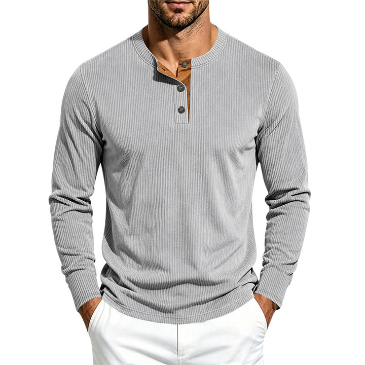 Herren Geripptes Henley-Langarmshirt aus Feinstrick mit Stehkragen und Knopfleiste – Norvane