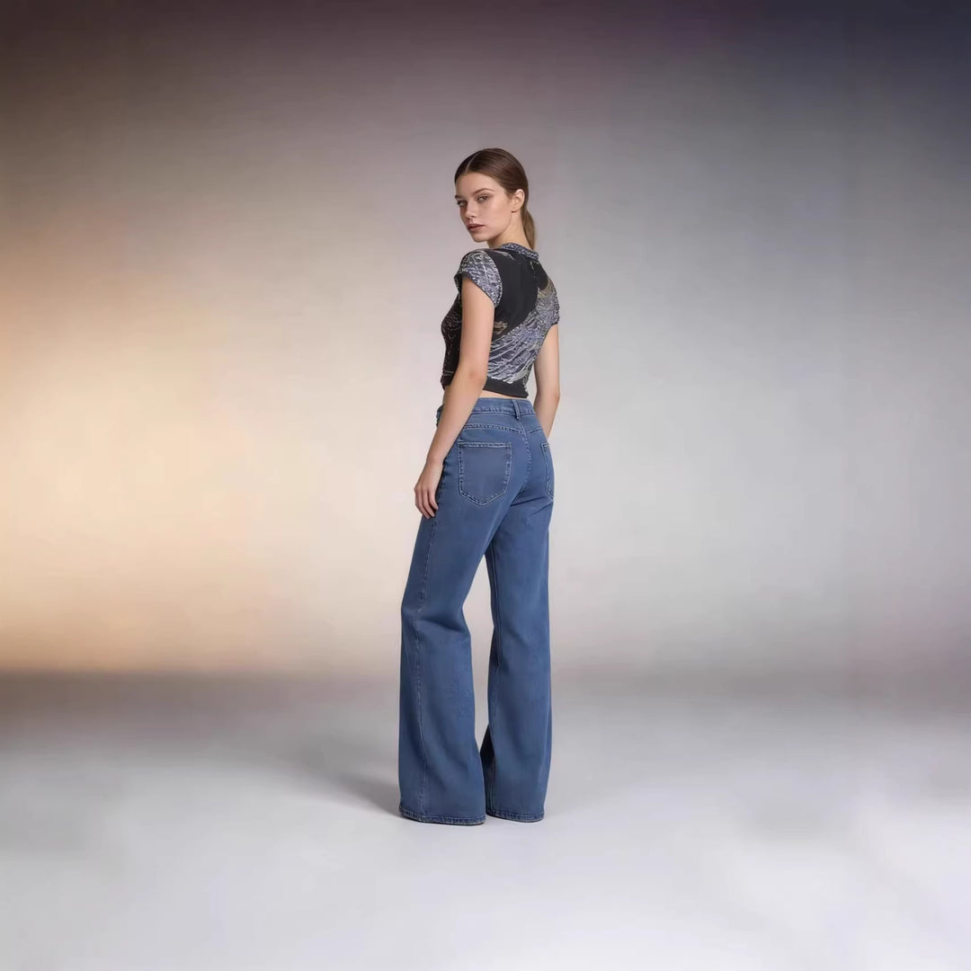 Damen nan hochgeschnittene Bundfalten-Weitbein-Jeans mit hohem Bund und Gürtelschlaufen Echo Archiv