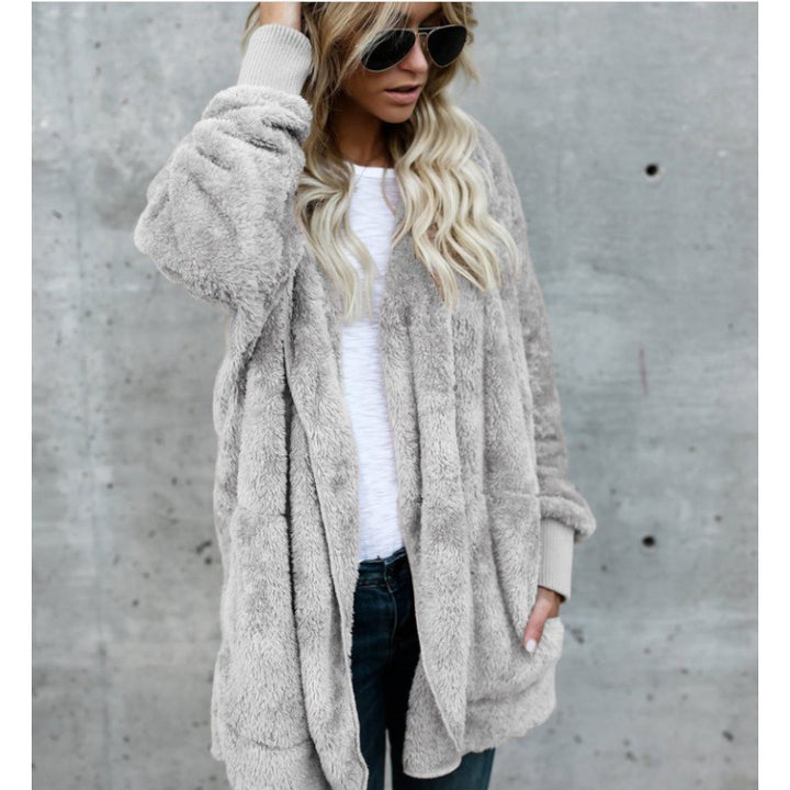 Damen Oversize Teddy‑Fleece‑Mantel mit offener Front, Eingrifftaschen und Rippbündchen – Montévia