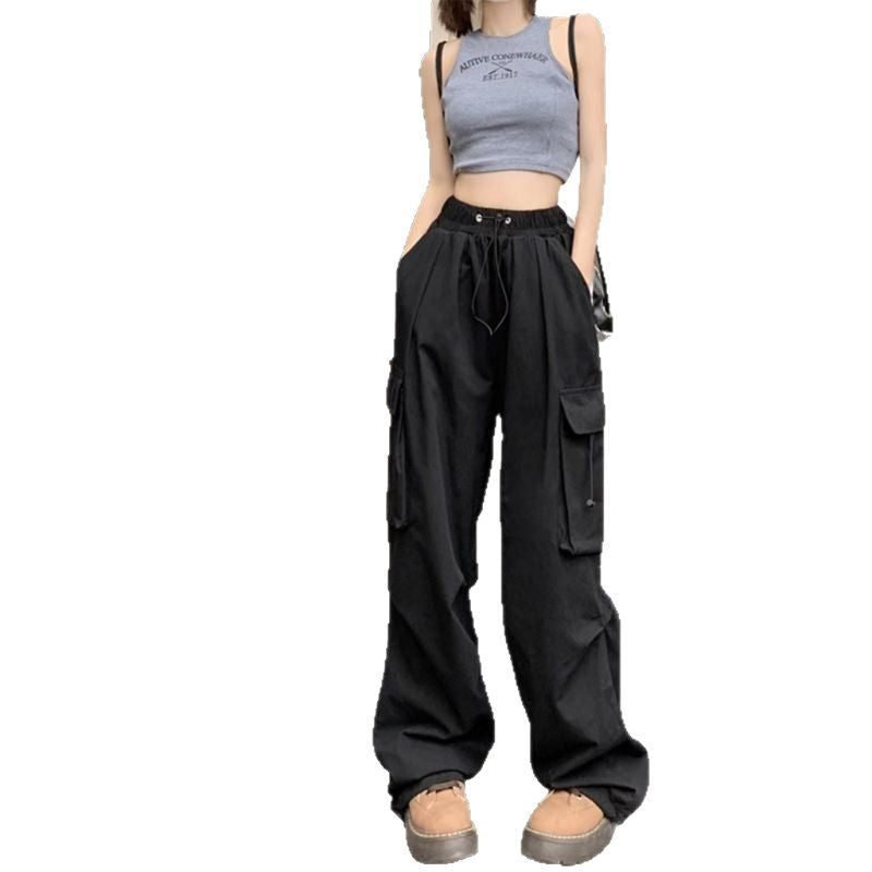 Damen Cargo-Hose mit hoher Taille, Elastikbund, großen Klappentaschen und Kordelzug – Avélisse