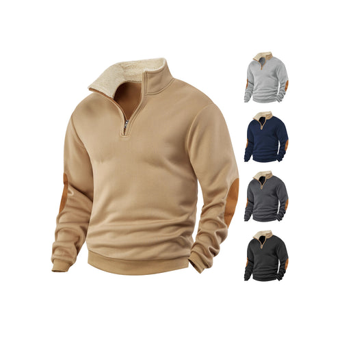 Herren Fleece-Pullover mit hochabschließendem Kragen und modischen Lederapplikationen Echoarchiv