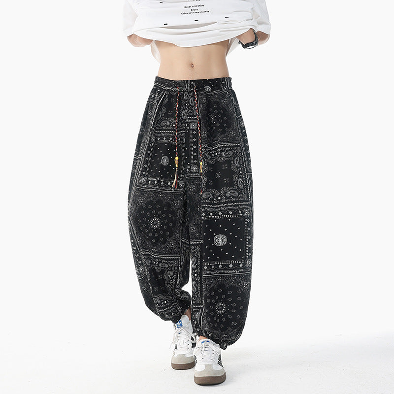 Damen nan lässige Pluderhose im Ethno-Print mit elastischem Bund, Kordelzug und gesmokten Bündchen Echo Archiv