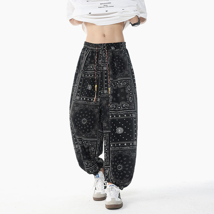 Damen nan lässige Pluderhose im Ethno-Print mit elastischem Bund, Kordelzug und gesmokten Bündchen Echo Archiv