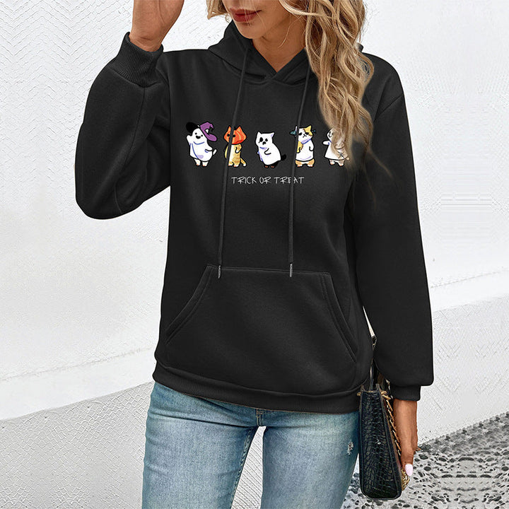 Damen Kapuzenpullover mit Cartoon-Katzen-Motiv, Kängurutasche und weichem Futter Echoarchiv