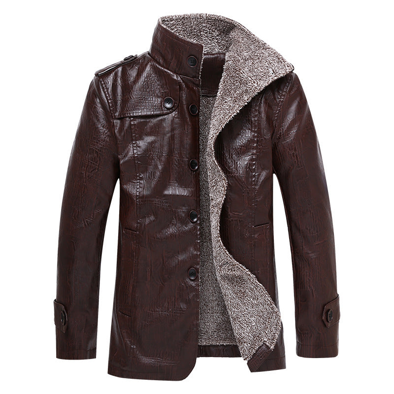 Herren Texturierte Kunstleder-Midlayerjacke mit Teddyfleece-Innenfutter, Stehkragen und Schulterpatten Echoarchiv
