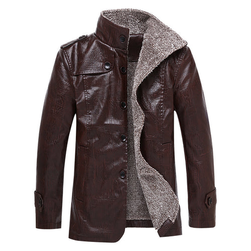Herren Texturierte Kunstleder-Midlayerjacke mit Teddyfleece-Innenfutter, Stehkragen und Schulterpatten Echoarchiv