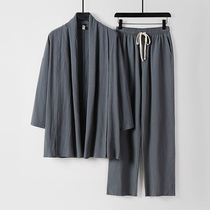 Unisex Lässiges Kimono-Zweiteiler aus atmungsaktivem Leinen-Viskose mit offenem Schalkragen und Kordelbundhose Echoarchiv