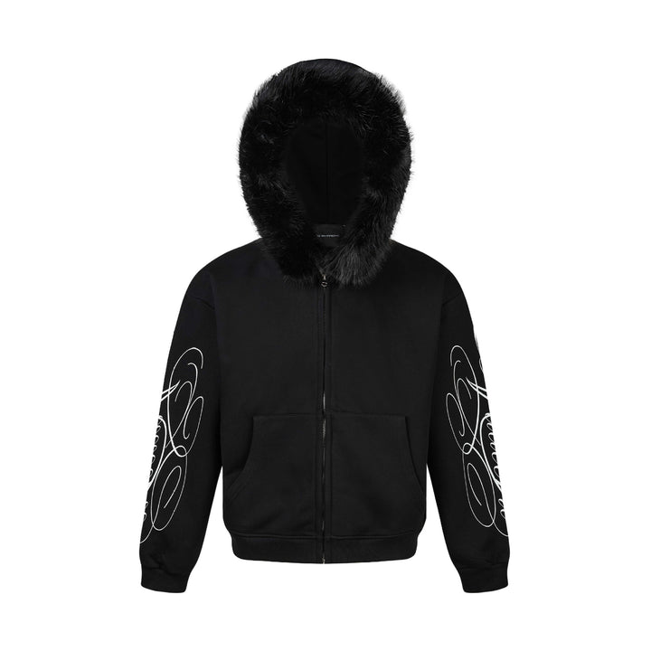 Unisex Oversize Kapuzenjacke aus Baumwollmix mit abnehmbarem Kunstfellbesatz und grafischen Ärmeldrucken Echoarchiv