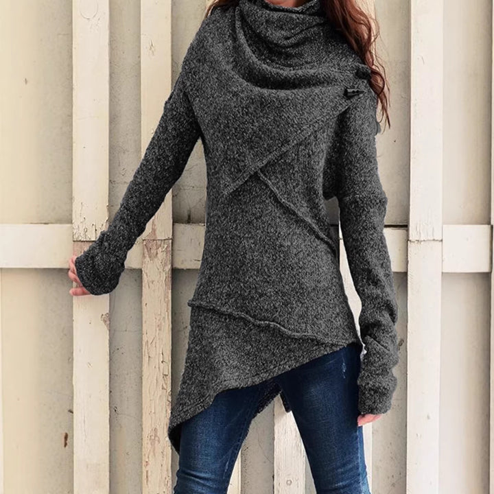 Damen asymmetrischer Boucle-Strickpullover mit großem Schalfkragen Echoarchiv